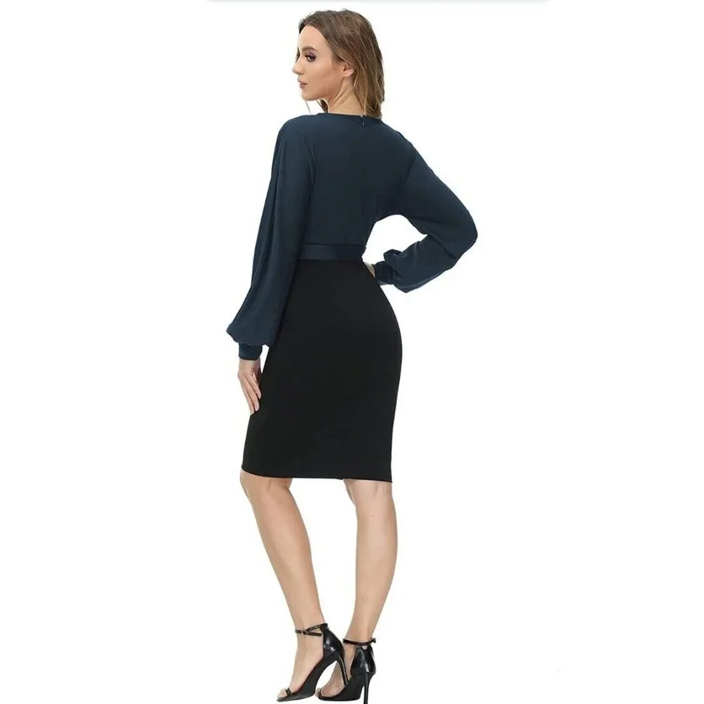 Grace Karin Womens 3XL Dress Long Sleeve Midi Length Faux Wrap Black Navy NWT - Picture 3 of 7